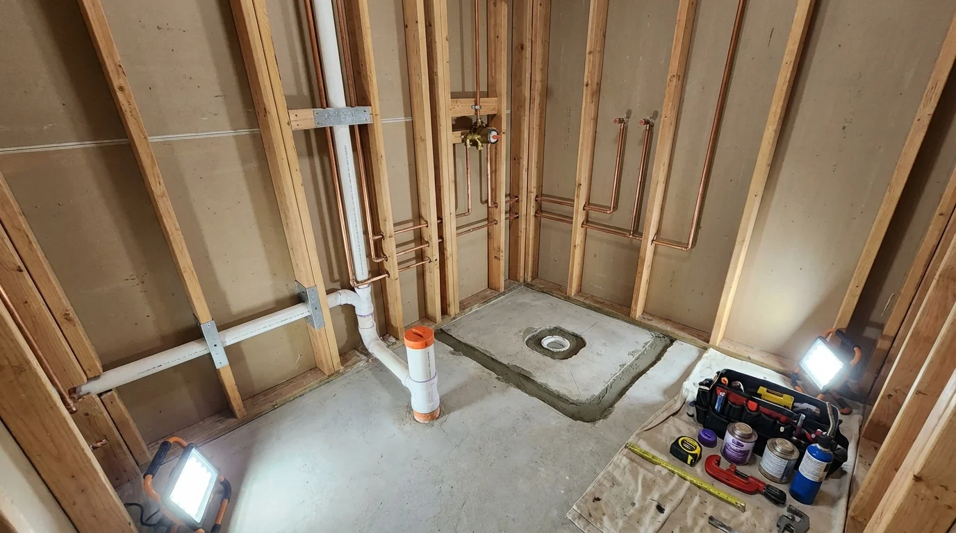 Bathroom rough-in plumbing during remodel by Johns Plumbing LLC in San Marcos