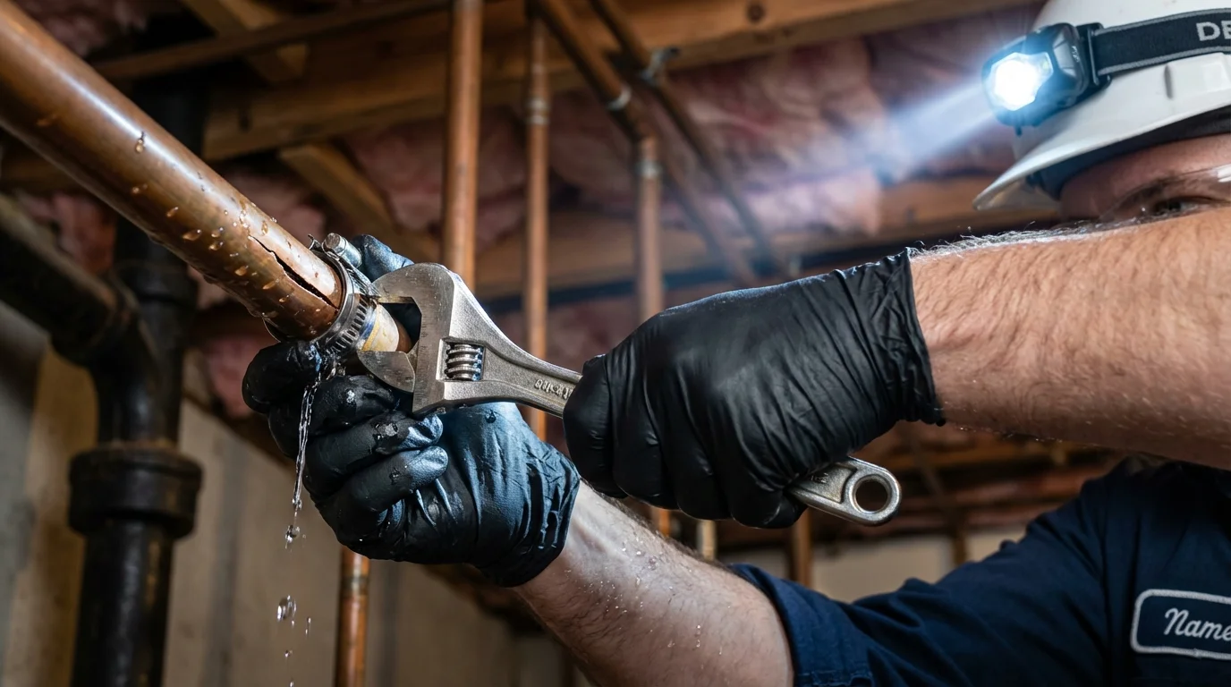 Emergency pipe clamp repair being performed by a Johns Plumbing LLC plumber in San Marcos