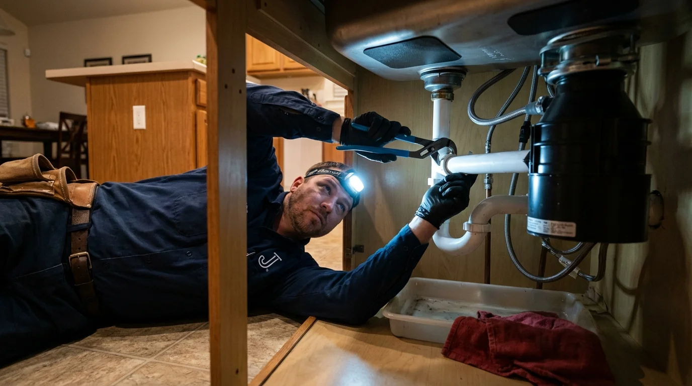 P-trap and supply line connections under a kitchen sink showing a common leak point in San Marcos, CA